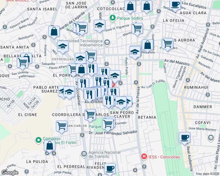 map of restaurants, bars, coffee shops, grocery stores, and more near Ángel Ludeña in Quito