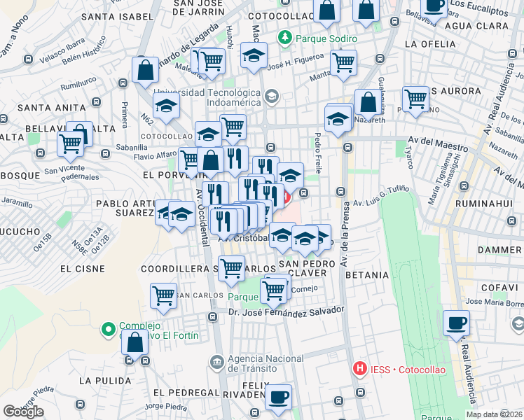 map of restaurants, bars, coffee shops, grocery stores, and more near Ángel Ludeña in Quito