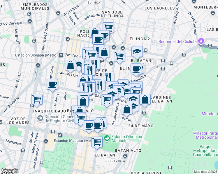 map of restaurants, bars, coffee shops, grocery stores, and more near Avenida 6 de Diciembre in Quito