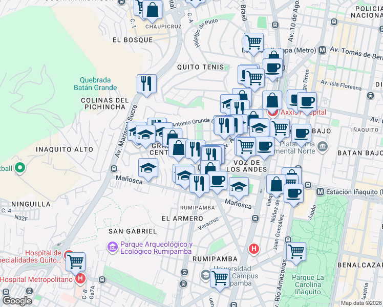 map of restaurants, bars, coffee shops, grocery stores, and more near Gregorio Bobadilla in Quito