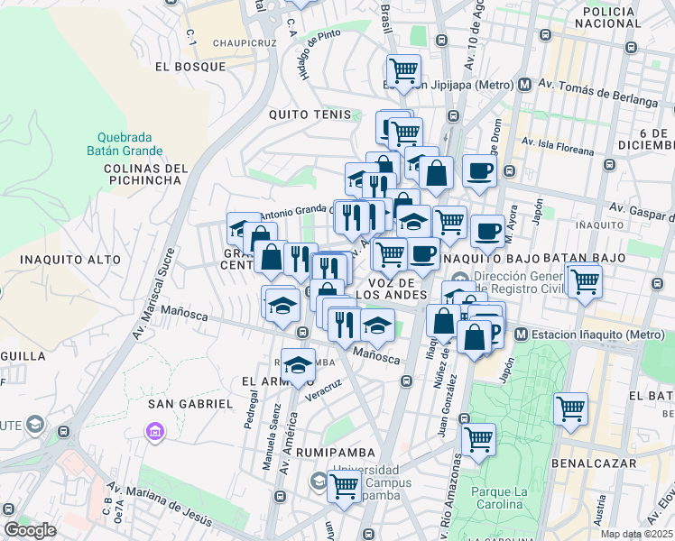 map of restaurants, bars, coffee shops, grocery stores, and more near Avenida América in Quito