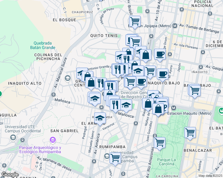 map of restaurants, bars, coffee shops, grocery stores, and more near Avenida America in Quito