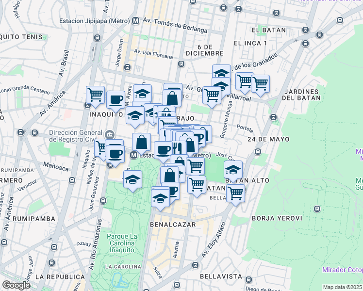 map of restaurants, bars, coffee shops, grocery stores, and more near in Quito