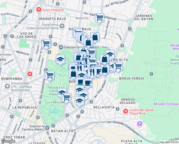 map of restaurants, bars, coffee shops, grocery stores, and more near in Quito