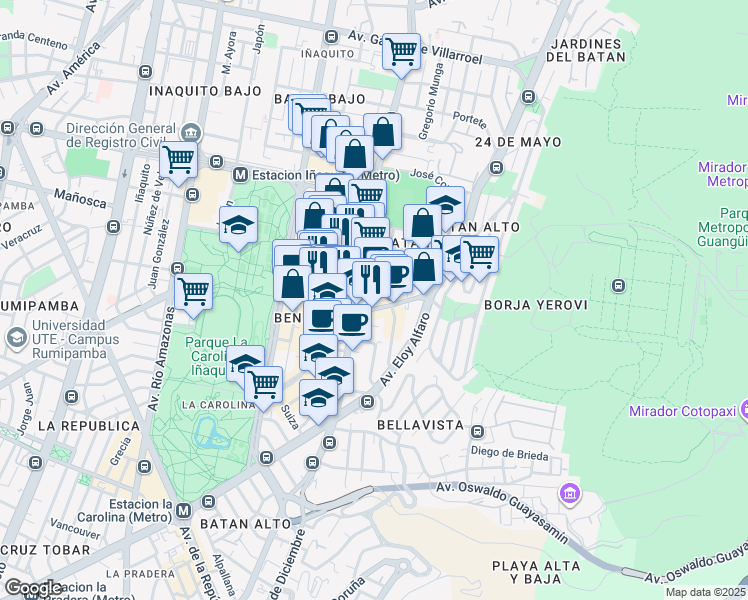 map of restaurants, bars, coffee shops, grocery stores, and more near Avenida Portugal in Quito