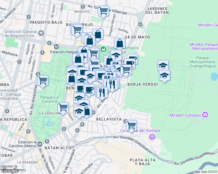 map of restaurants, bars, coffee shops, grocery stores, and more near N34-447 Avenida Eloy Alfaro in Quito