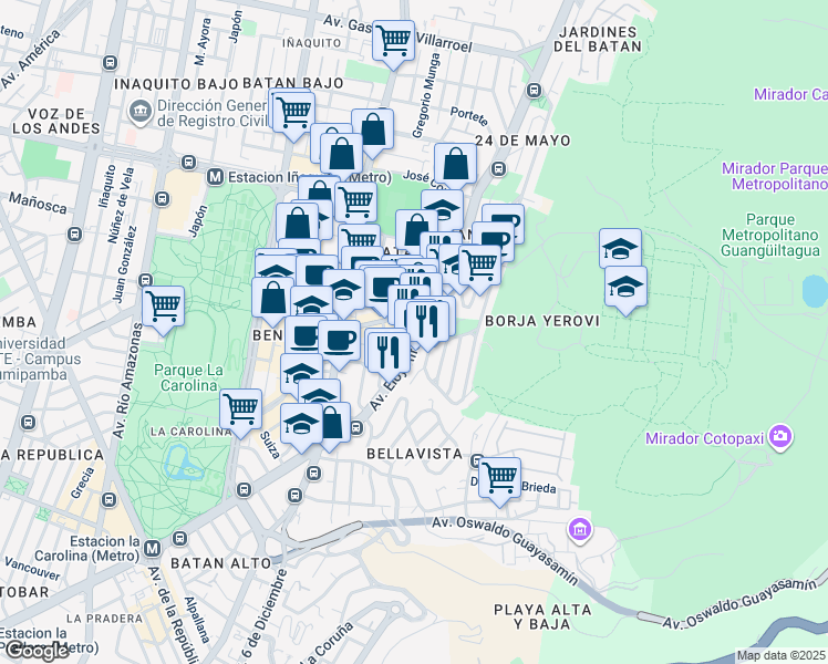 map of restaurants, bars, coffee shops, grocery stores, and more near N34-447 Avenida Eloy Alfaro in Quito