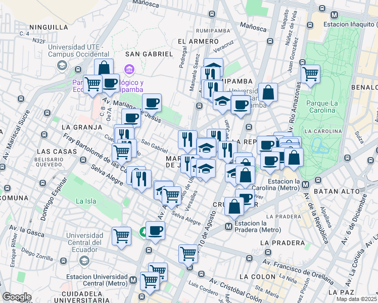 map of restaurants, bars, coffee shops, grocery stores, and more near Avenida América in Quito