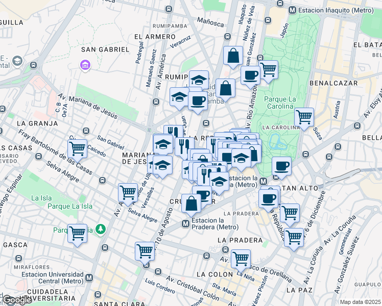 map of restaurants, bars, coffee shops, grocery stores, and more near Avenida 10 de Agosto in Quito