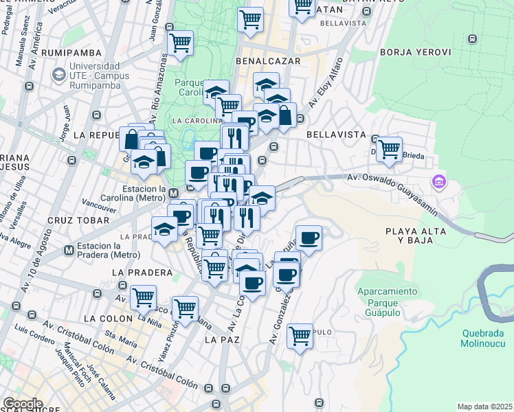 map of restaurants, bars, coffee shops, grocery stores, and more near Avenida 6 de Diciembre in Quito