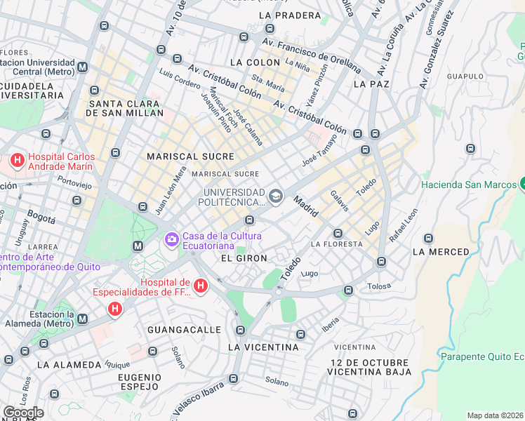 map of restaurants, bars, coffee shops, grocery stores, and more near Avenue 12 de Octubre in Quito
