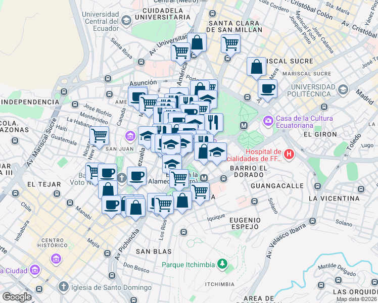 map of restaurants, bars, coffee shops, grocery stores, and more near Avenida 10 de Agosto in Quito