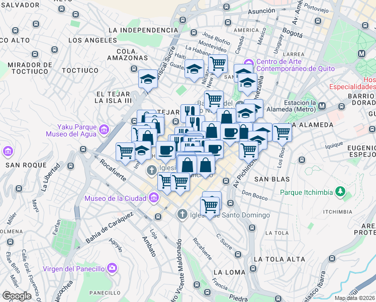 map of restaurants, bars, coffee shops, grocery stores, and more near N6-26 Sebastián de Benalcázar in Quito