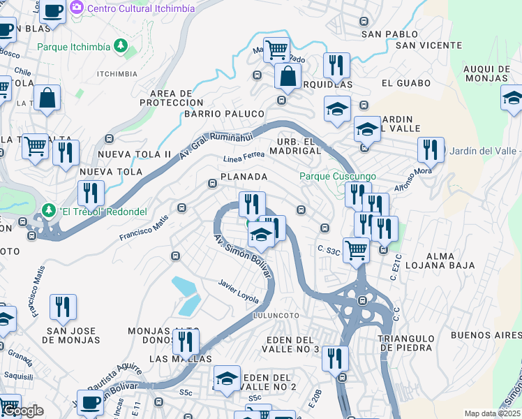map of restaurants, bars, coffee shops, grocery stores, and more near 170530 Avenida Simón Bolívar in Quito