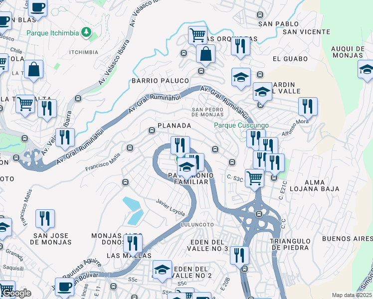 map of restaurants, bars, coffee shops, grocery stores, and more near 170530 Avenida Simón Bolívar in Quito