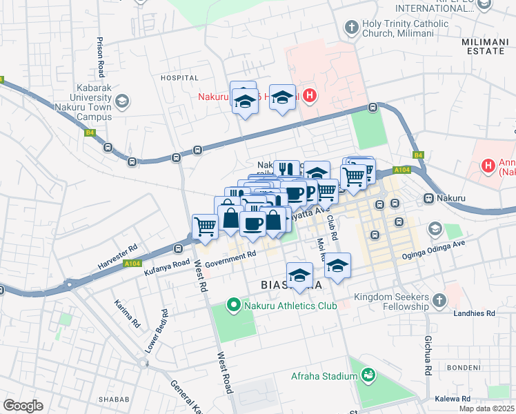 map of restaurants, bars, coffee shops, grocery stores, and more near 0 Geoffrey Kamau Avenue in Nakuru