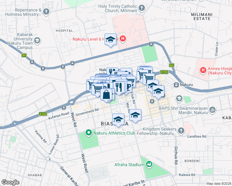 map of restaurants, bars, coffee shops, grocery stores, and more near Kenyatta Avenue in Nakuru