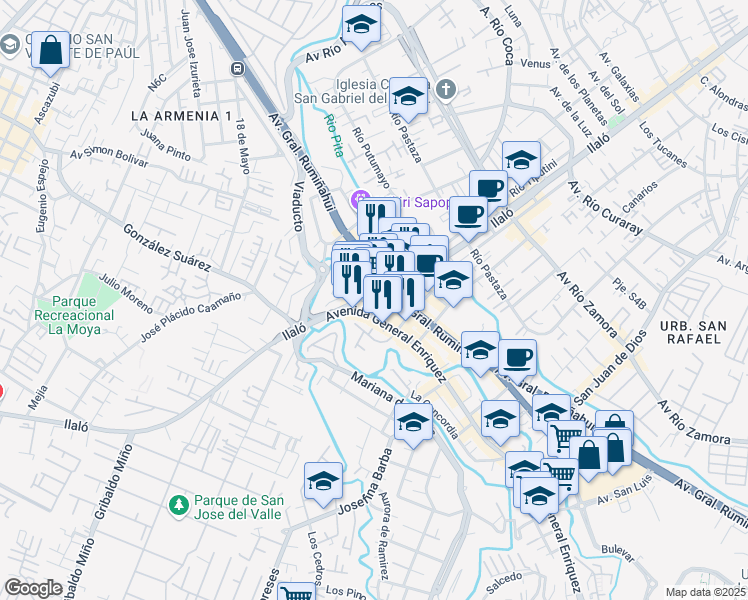 map of restaurants, bars, coffee shops, grocery stores, and more near Avenida Ilaló in Quito