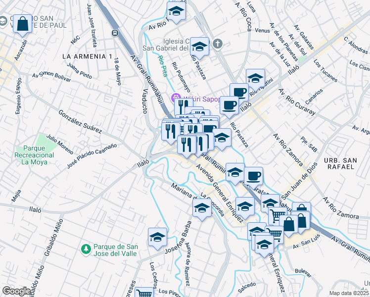 map of restaurants, bars, coffee shops, grocery stores, and more near Avenida Ilaló in Quito