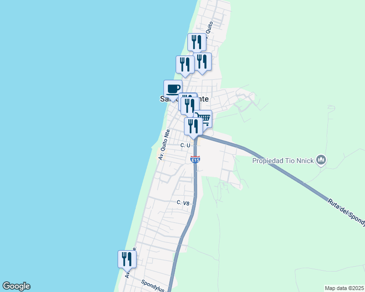 map of restaurants, bars, coffee shops, grocery stores, and more near Avenida Quito Norte in San Jacinto