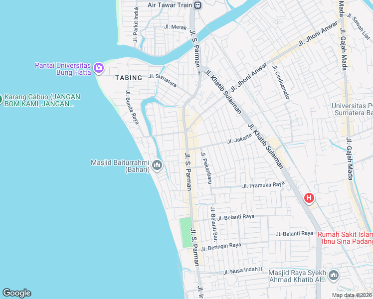 map of restaurants, bars, coffee shops, grocery stores, and more near Jalan S Parman in Padang