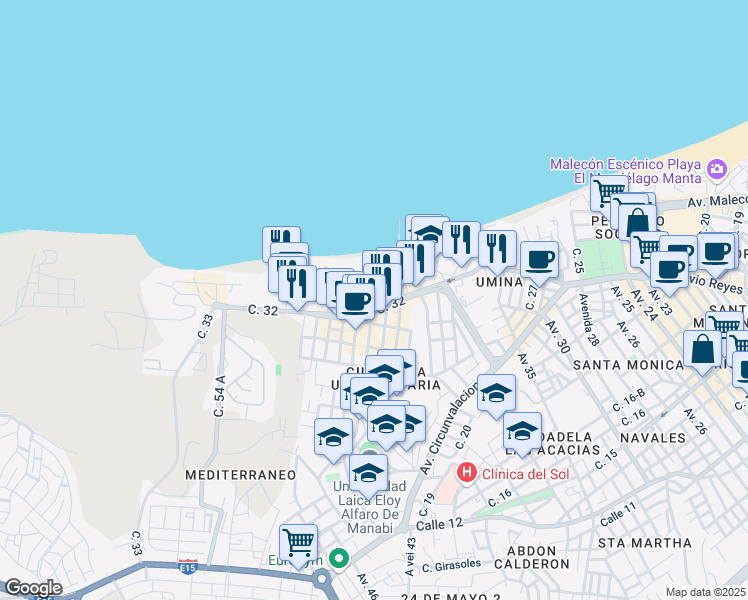 map of restaurants, bars, coffee shops, grocery stores, and more near Avenida Flavio Reyes in Manta