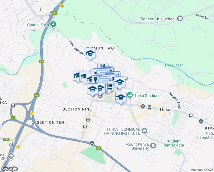 map of restaurants, bars, coffee shops, grocery stores, and more near Kwame Nkrumah Road in Thika