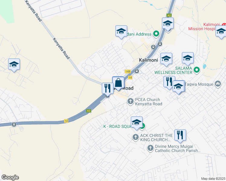 map of restaurants, bars, coffee shops, grocery stores, and more near Thika Super Highway in Kenyatta Road