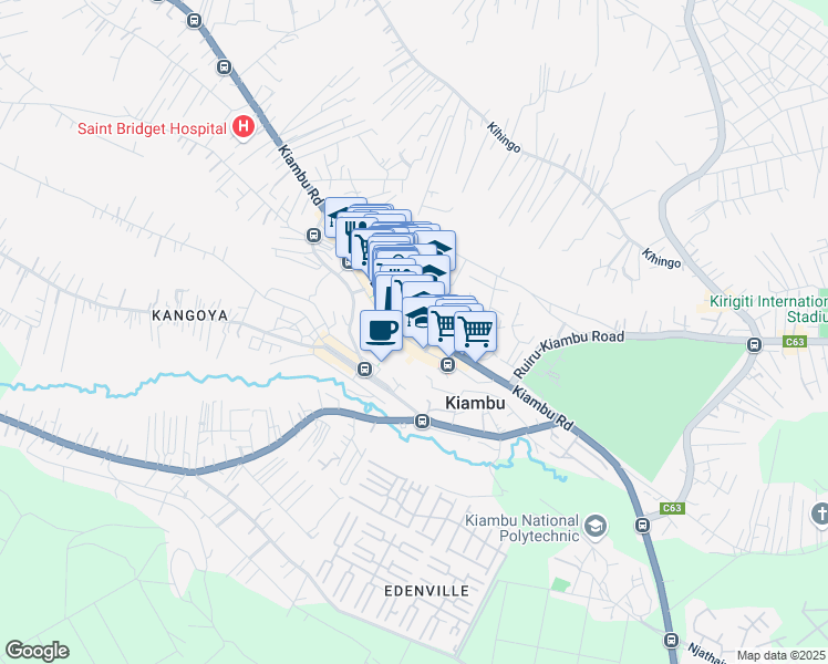 map of restaurants, bars, coffee shops, grocery stores, and more near Kiambu Road in Kiambu