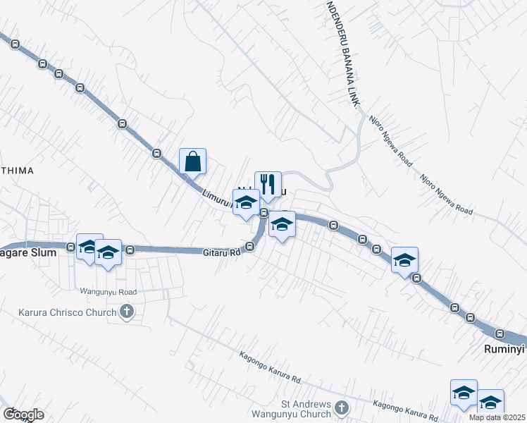map of restaurants, bars, coffee shops, grocery stores, and more near Limuru Road in Ndenderu