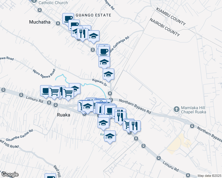 map of restaurants, bars, coffee shops, grocery stores, and more near Banana Raini Rd. in Ruaka Town