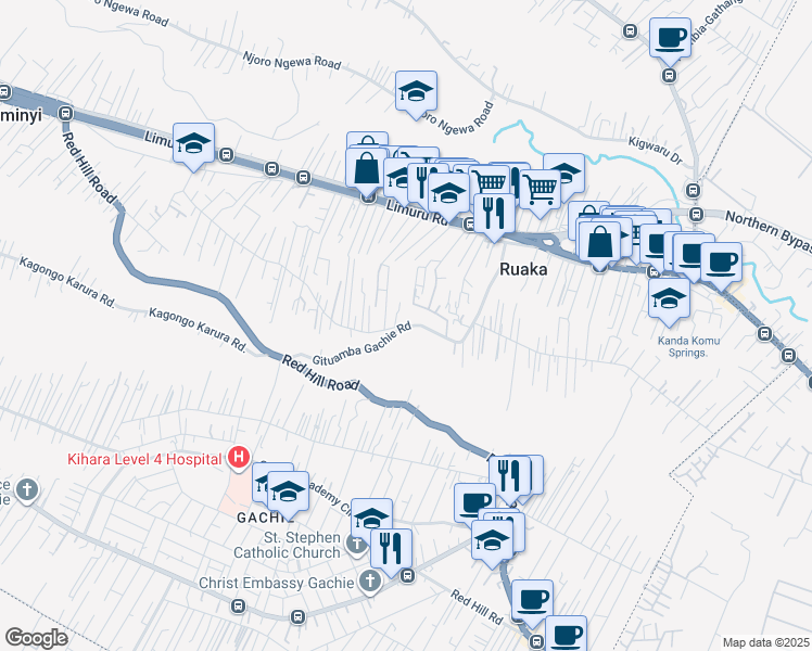map of restaurants, bars, coffee shops, grocery stores, and more near Gituamba Gachie Road in Ruaka
