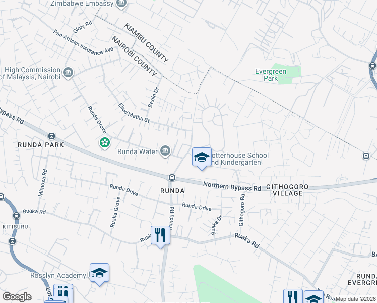 map of restaurants, bars, coffee shops, grocery stores, and more near Runda Road in Nairobi