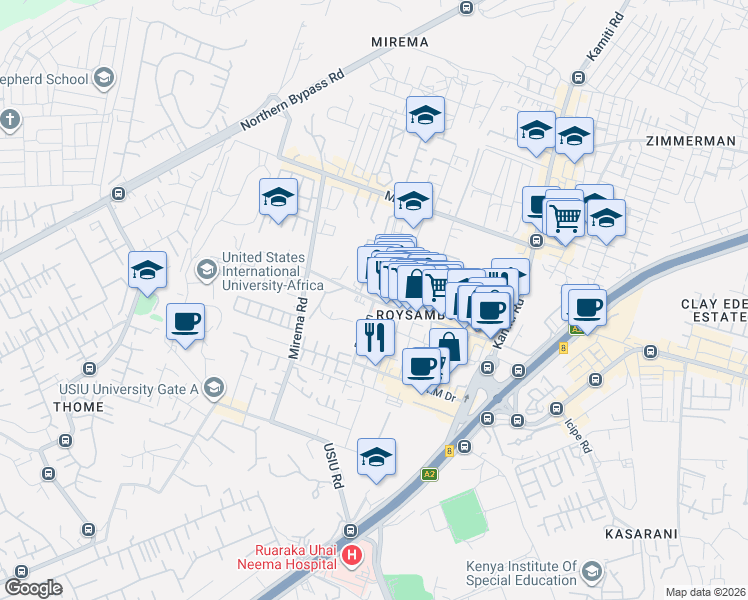 map of restaurants, bars, coffee shops, grocery stores, and more near Lumumba Drive in Nairobi