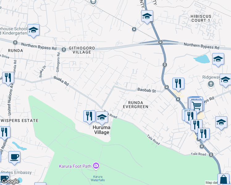 map of restaurants, bars, coffee shops, grocery stores, and more near in Nairobi