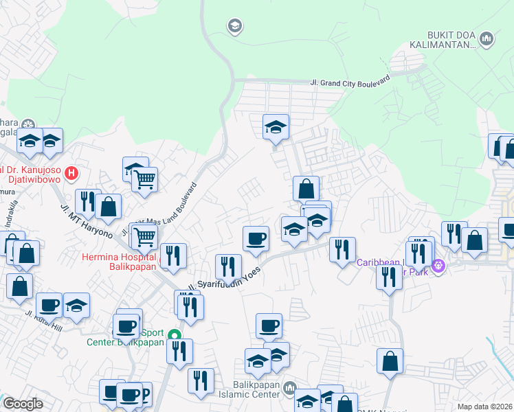 map of restaurants, bars, coffee shops, grocery stores, and more near Jalan Duatan B.Sakai in Kota Balikpapan