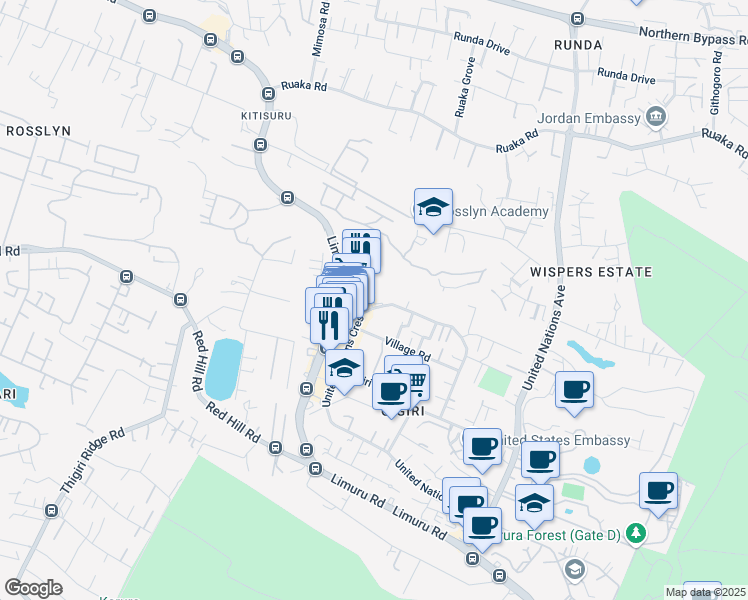 map of restaurants, bars, coffee shops, grocery stores, and more near United Nations Crescent in Nairobi