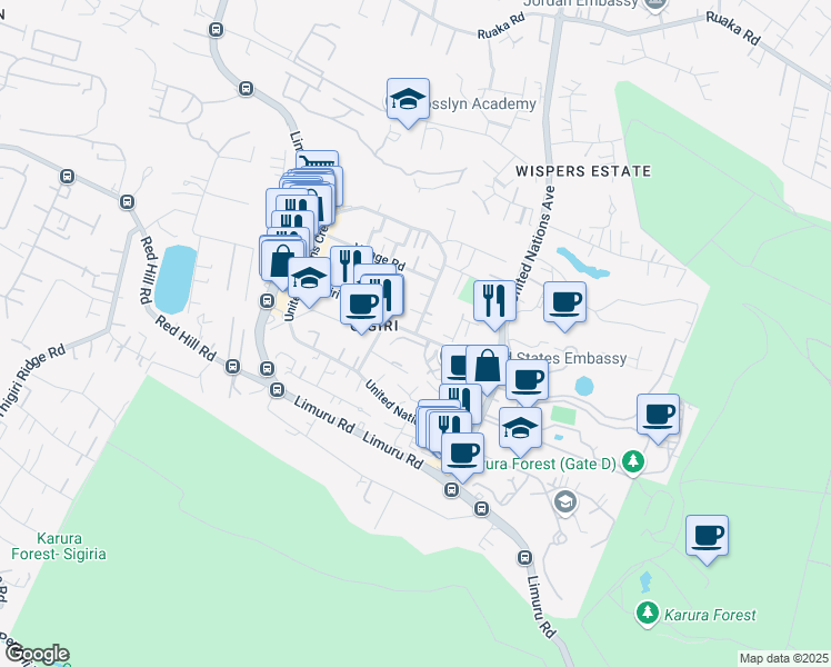 map of restaurants, bars, coffee shops, grocery stores, and more near United Nations Crescent in Nairobi