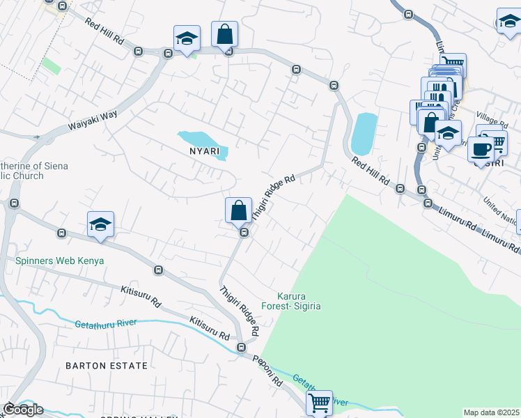 map of restaurants, bars, coffee shops, grocery stores, and more near Thigiri Ridge Road in Nairobi