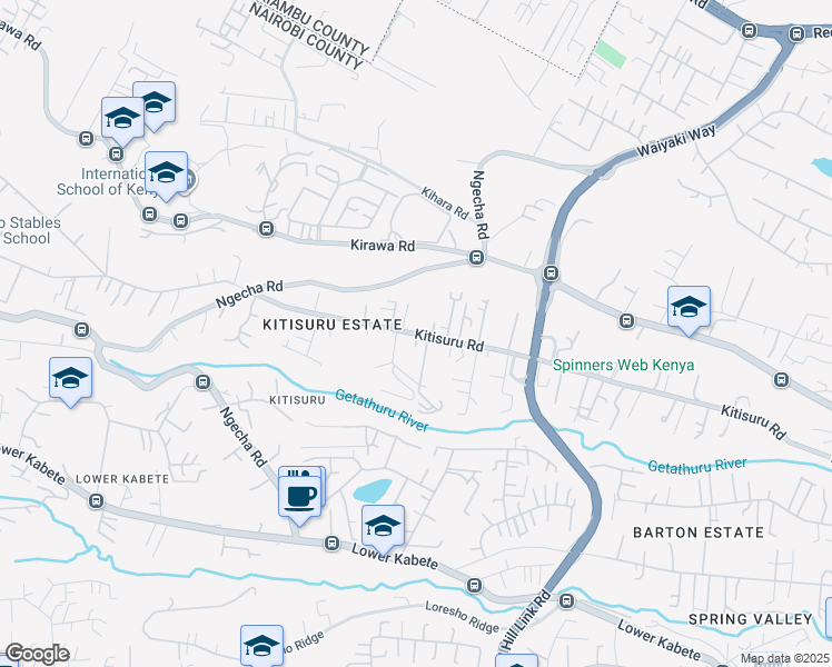 map of restaurants, bars, coffee shops, grocery stores, and more near Kitisuru Road in Nairobi