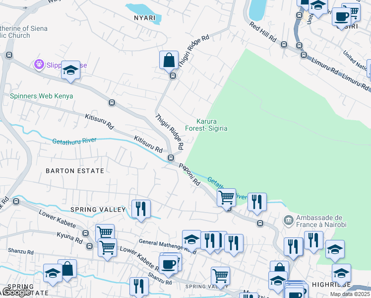 map of restaurants, bars, coffee shops, grocery stores, and more near 132 Thigiri Ridge Road in Nairobi