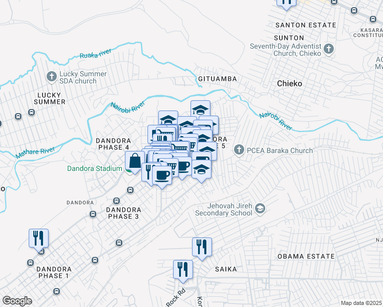 map of restaurants, bars, coffee shops, grocery stores, and more near Muigai Kenyatta Road in Nairobi