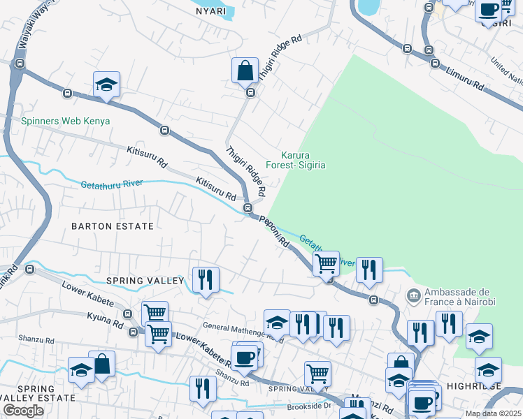 map of restaurants, bars, coffee shops, grocery stores, and more near 132 Thigiri Ridge Road in Nairobi
