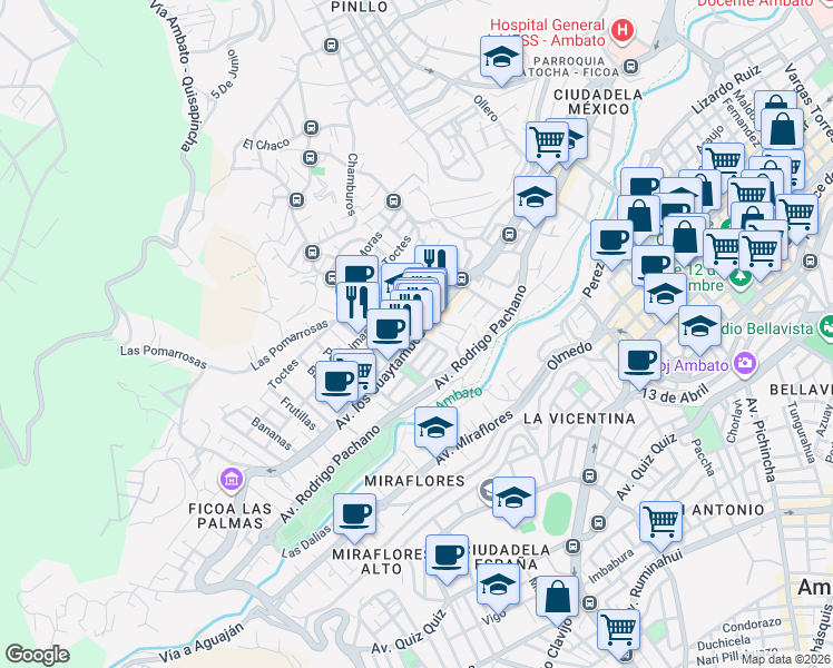 map of restaurants, bars, coffee shops, grocery stores, and more near Avenida Los Guaytambos in Ambato