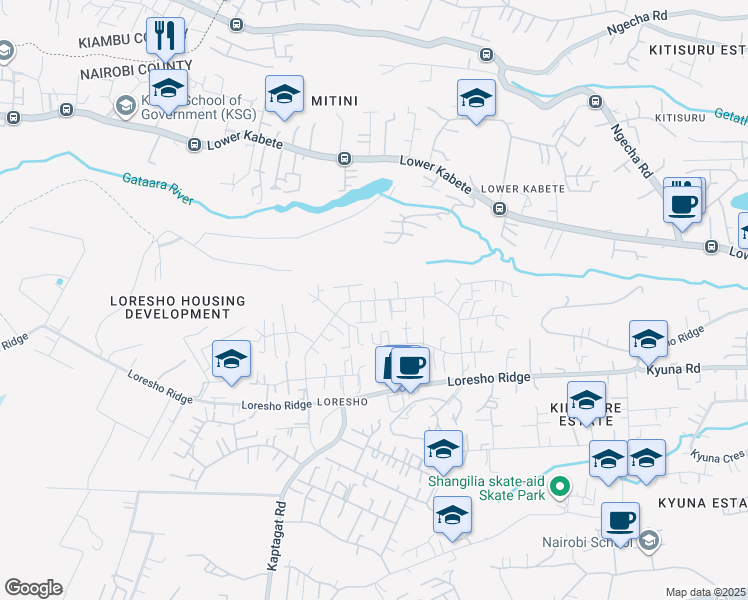 map of restaurants, bars, coffee shops, grocery stores, and more near Loresho Crescent in Nairobi