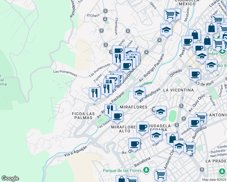 map of restaurants, bars, coffee shops, grocery stores, and more near Avenida Los Guaytambos in Ambato