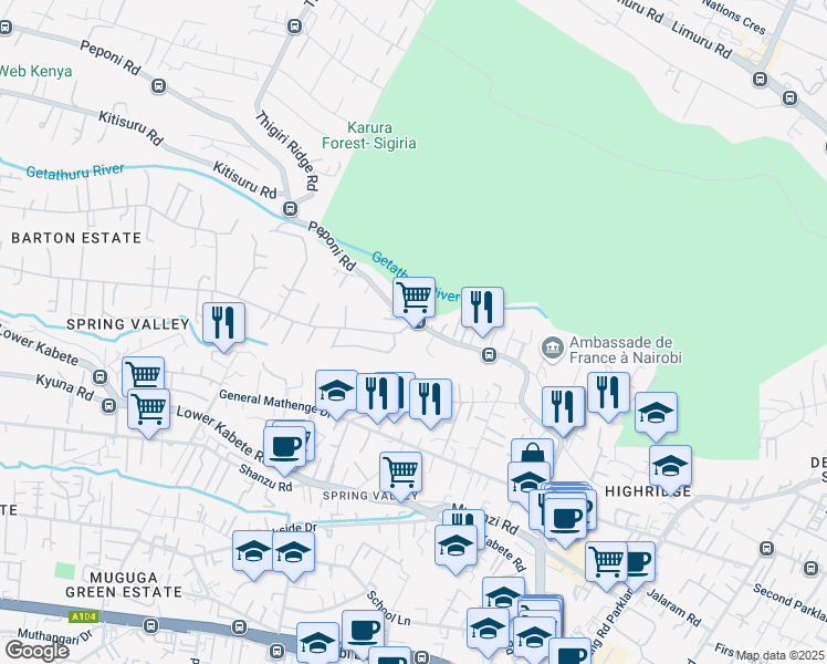 map of restaurants, bars, coffee shops, grocery stores, and more near Peponi Road in Nairobi