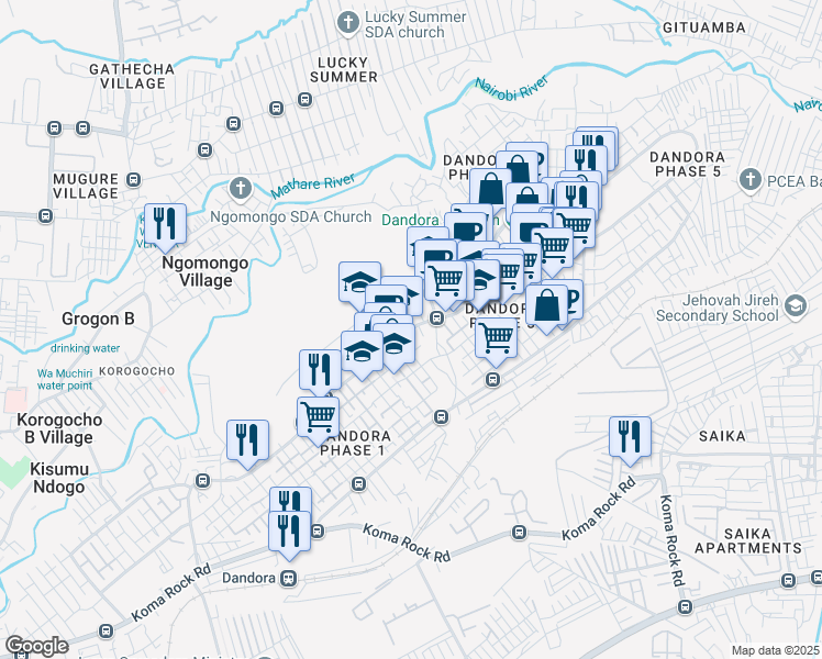 map of restaurants, bars, coffee shops, grocery stores, and more near Muigai Kenyatta Road in Nairobi