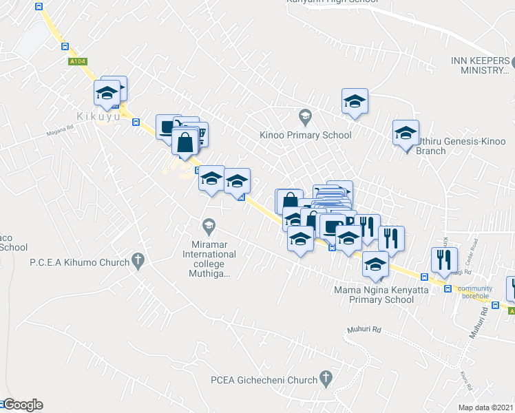 map of restaurants, bars, coffee shops, grocery stores, and more near A 104 in Kikuyu