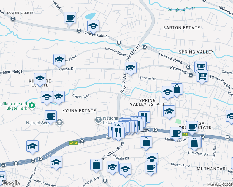 map of restaurants, bars, coffee shops, grocery stores, and more near Kyuna Crescent in Nairobi